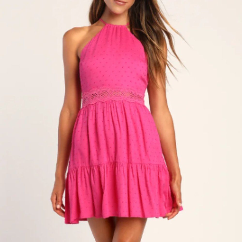 COPY - Lulus Hot Pink Swiss Dot Halter Neck Lace Mini Dress - Size XS